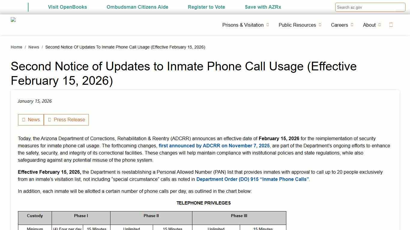 Second Notice of Updates to Inmate Phone Call Usage (Effective February 15, 2026) Arizona Department of Corrections, Rehabilitation & Reentry